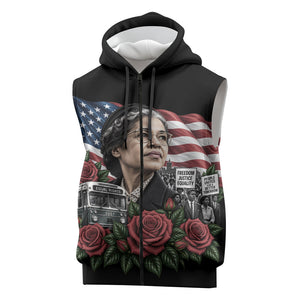 Rosa Parks Civil Rights Activist Sleeveless Zip Hoodie Vintage Bus American Flag And Red Roses Tribute Art