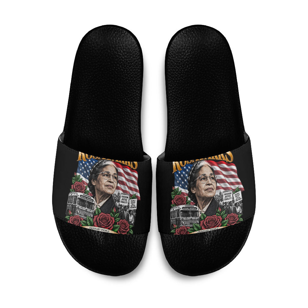 Rosa Parks Civil Rights Activist Slide Sandals Vintage Bus American Flag And Red Roses Tribute Art