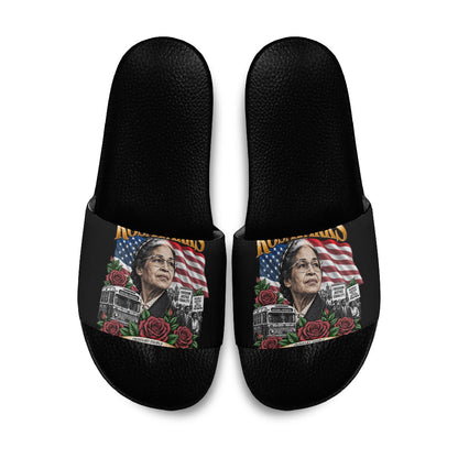 Rosa Parks Civil Rights Activist Slide Sandals Vintage Bus American Flag And Red Roses Tribute Art