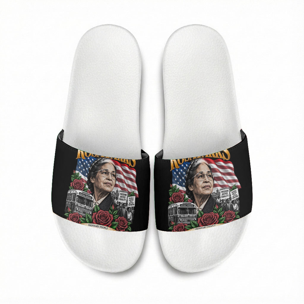 Rosa Parks Civil Rights Activist Slide Sandals Vintage Bus American Flag And Red Roses Tribute Art