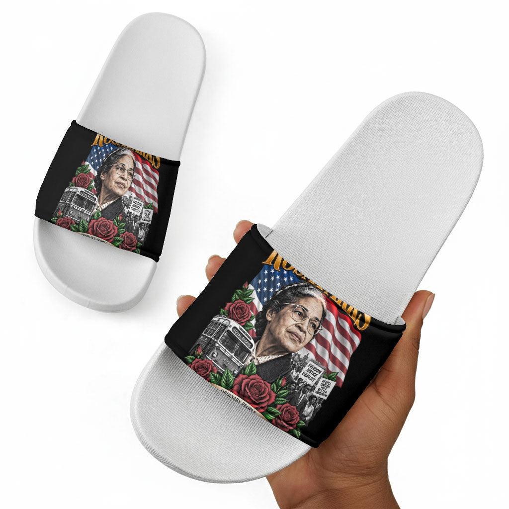 Rosa Parks Civil Rights Activist Slide Sandals Vintage Bus American Flag And Red Roses Tribute Art