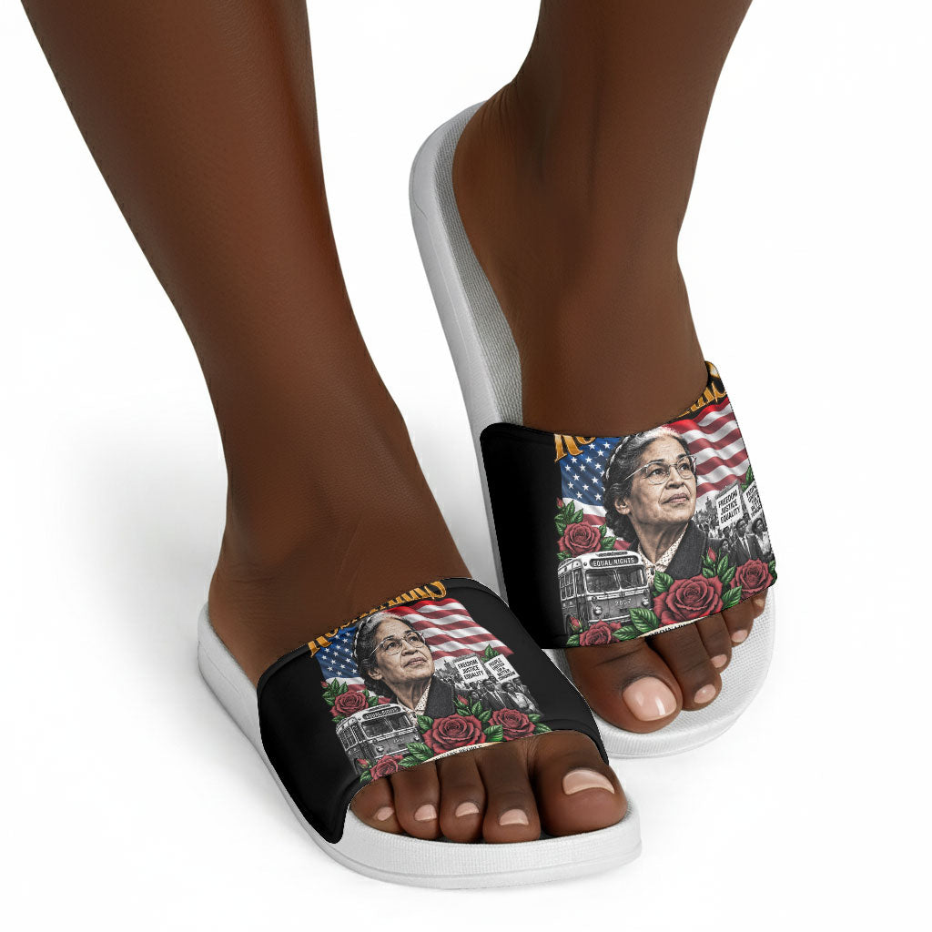 Rosa Parks Civil Rights Activist Slide Sandals Vintage Bus American Flag And Red Roses Tribute Art