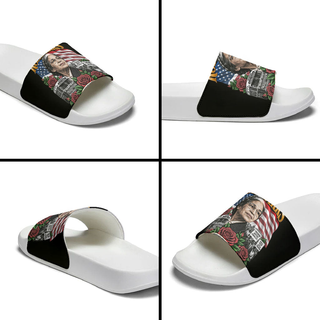 Rosa Parks Civil Rights Activist Slide Sandals Vintage Bus American Flag And Red Roses Tribute Art