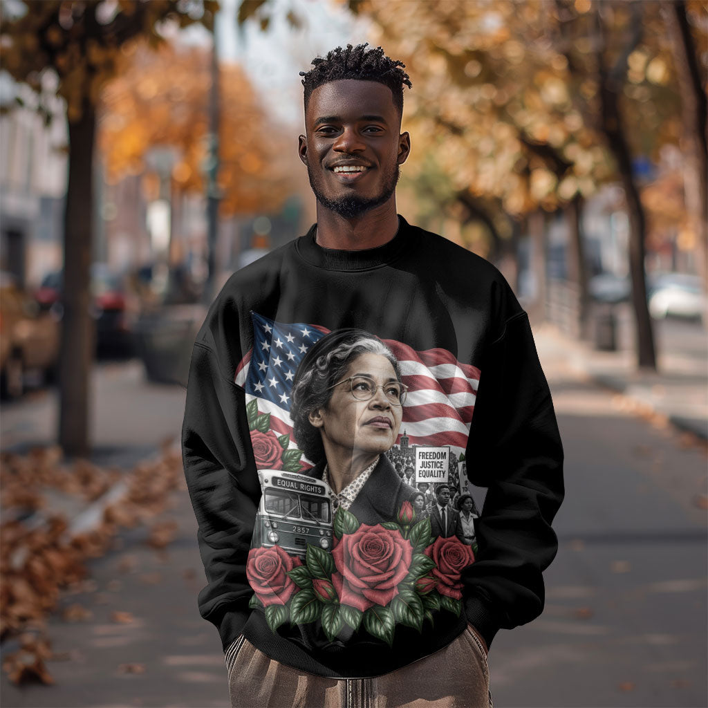 Rosa Parks Civil Rights Activist Sweatshirt Vintage Bus American Flag And Red Roses Tribute Art