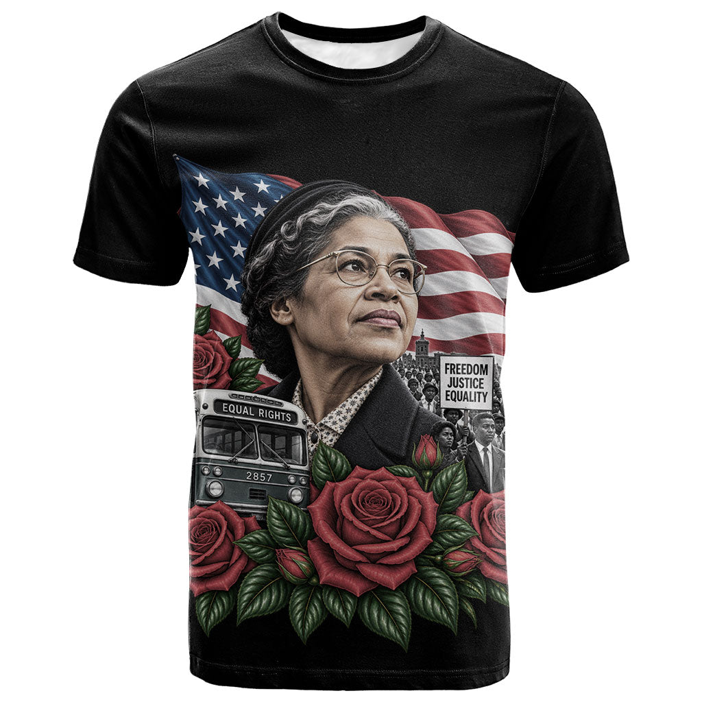 Rosa Parks Civil Rights Activist T shirt Vintage Bus American Flag And Red Roses Tribute Art