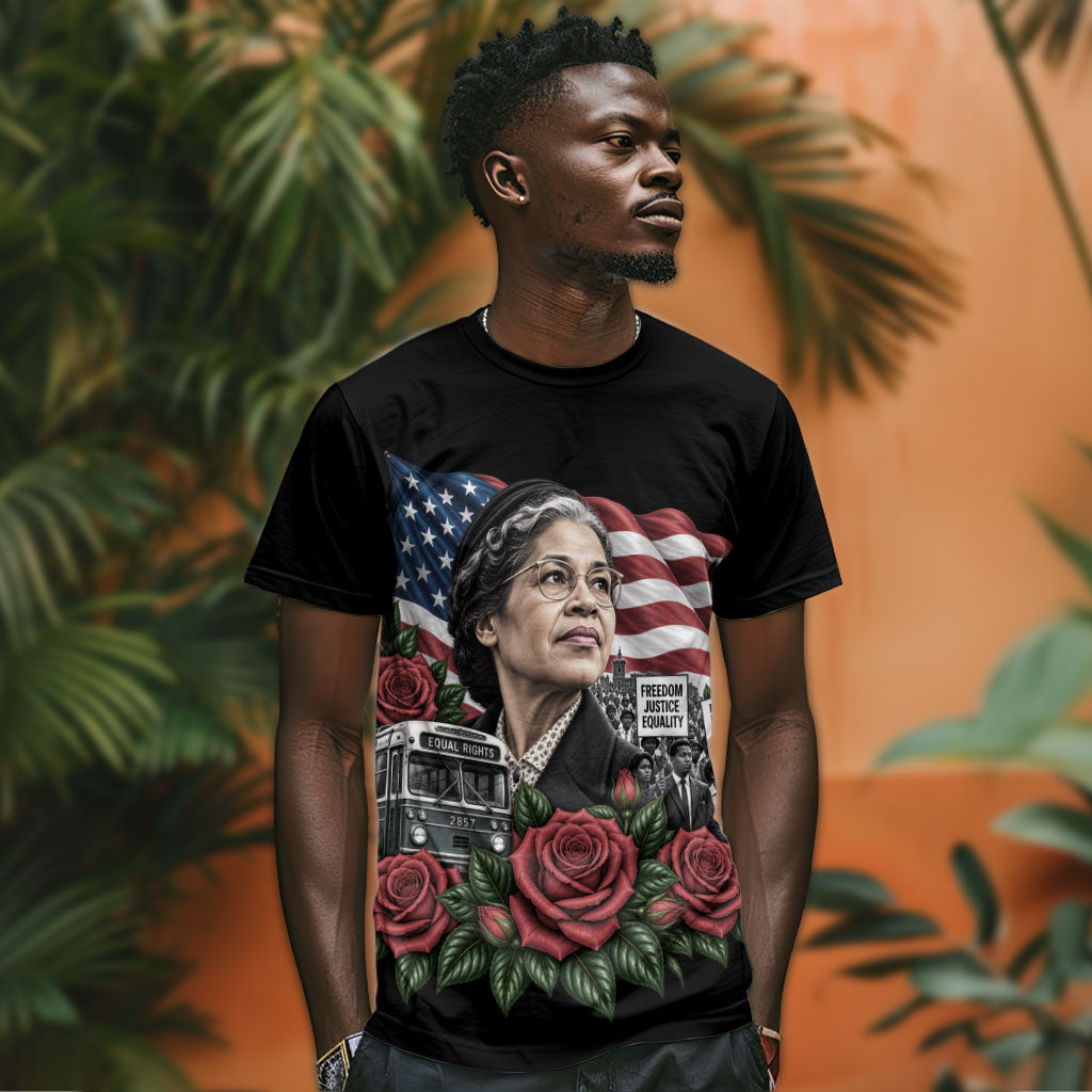 Rosa Parks Civil Rights Activist T shirt Vintage Bus American Flag And Red Roses Tribute Art