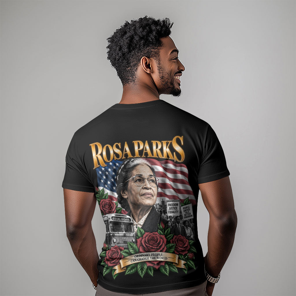 Rosa Parks Civil Rights Activist T shirt Vintage Bus American Flag And Red Roses Tribute Art