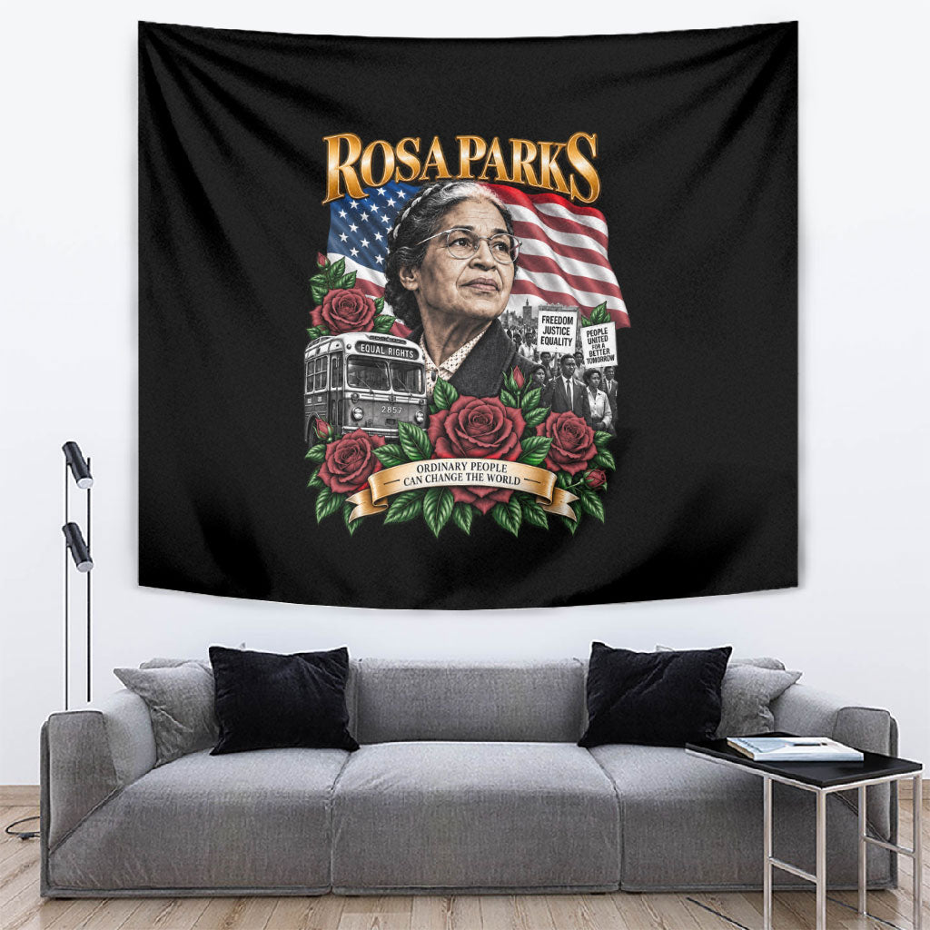 Rosa Parks Civil Rights Activist Tapestry Vintage Bus American Flag And Red Roses Tribute Art