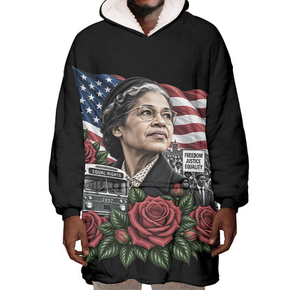 Rosa Parks Civil Rights Activist Wearable Blanket Hoodie Vintage Bus American Flag And Red Roses Tribute Art