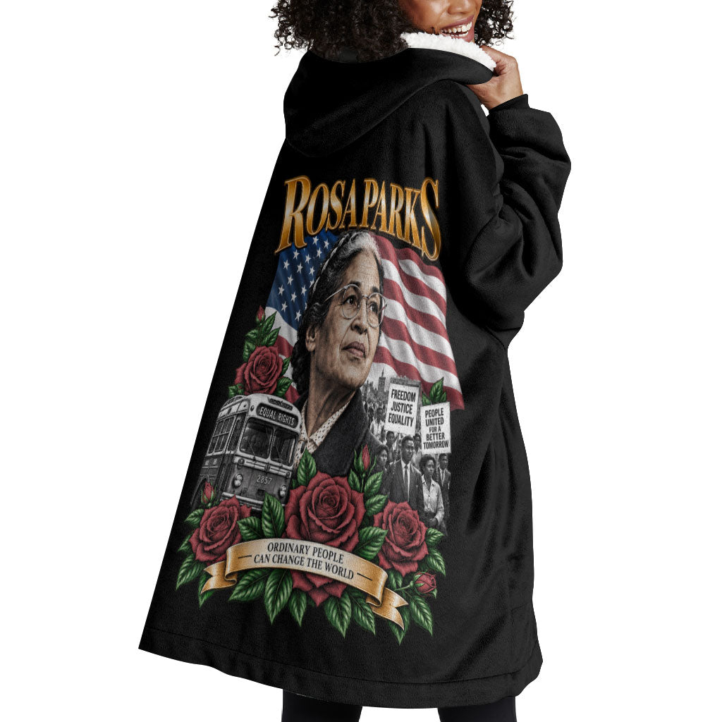 Rosa Parks Civil Rights Activist Wearable Blanket Hoodie Vintage Bus American Flag And Red Roses Tribute Art