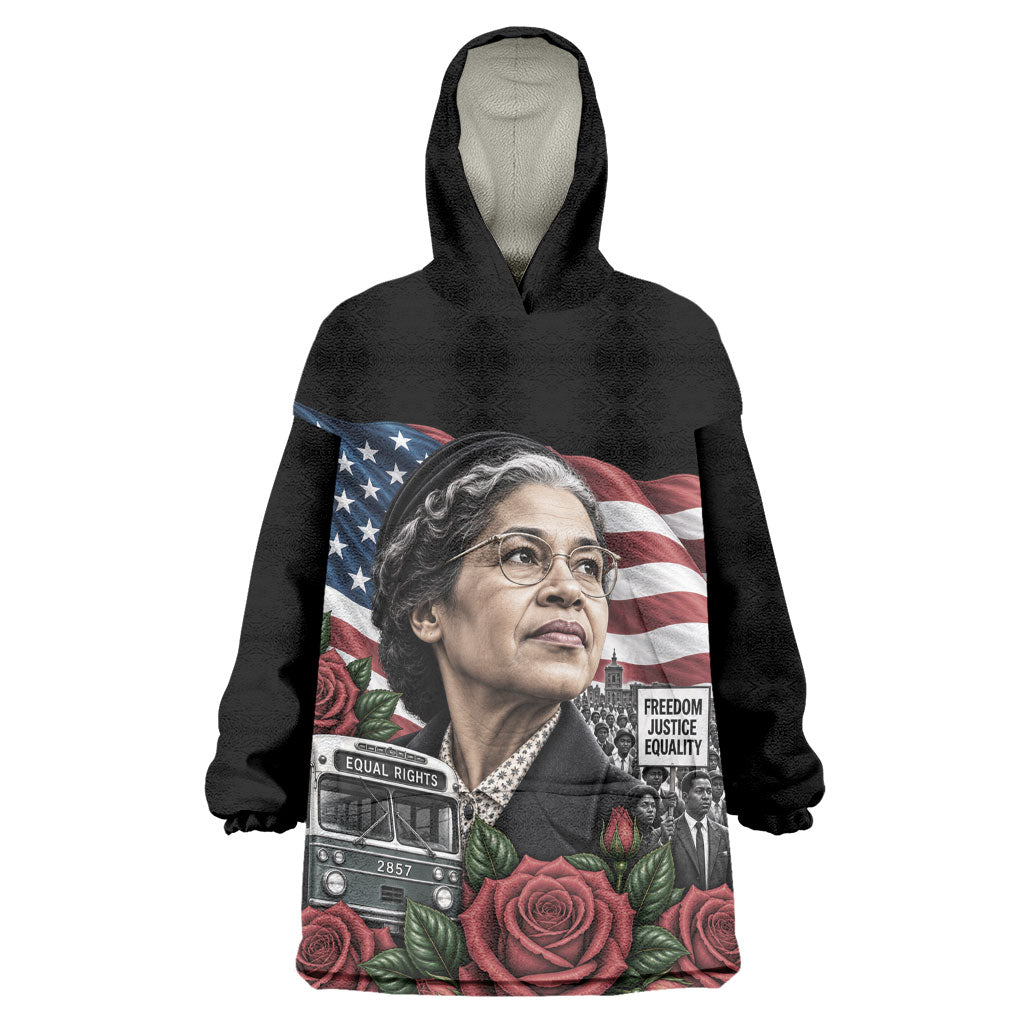 Rosa Parks Civil Rights Activist Wearable Blanket Hoodie Vintage Bus American Flag And Red Roses Tribute Art