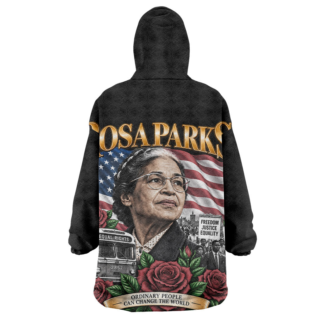 Rosa Parks Civil Rights Activist Wearable Blanket Hoodie Vintage Bus American Flag And Red Roses Tribute Art