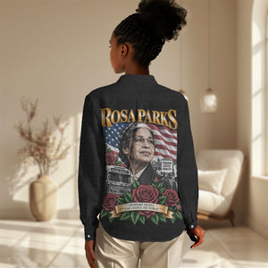 Rosa Parks Civil Rights Activist Women Casual Shirt Vintage Bus American Flag And Red Roses Tribute Art