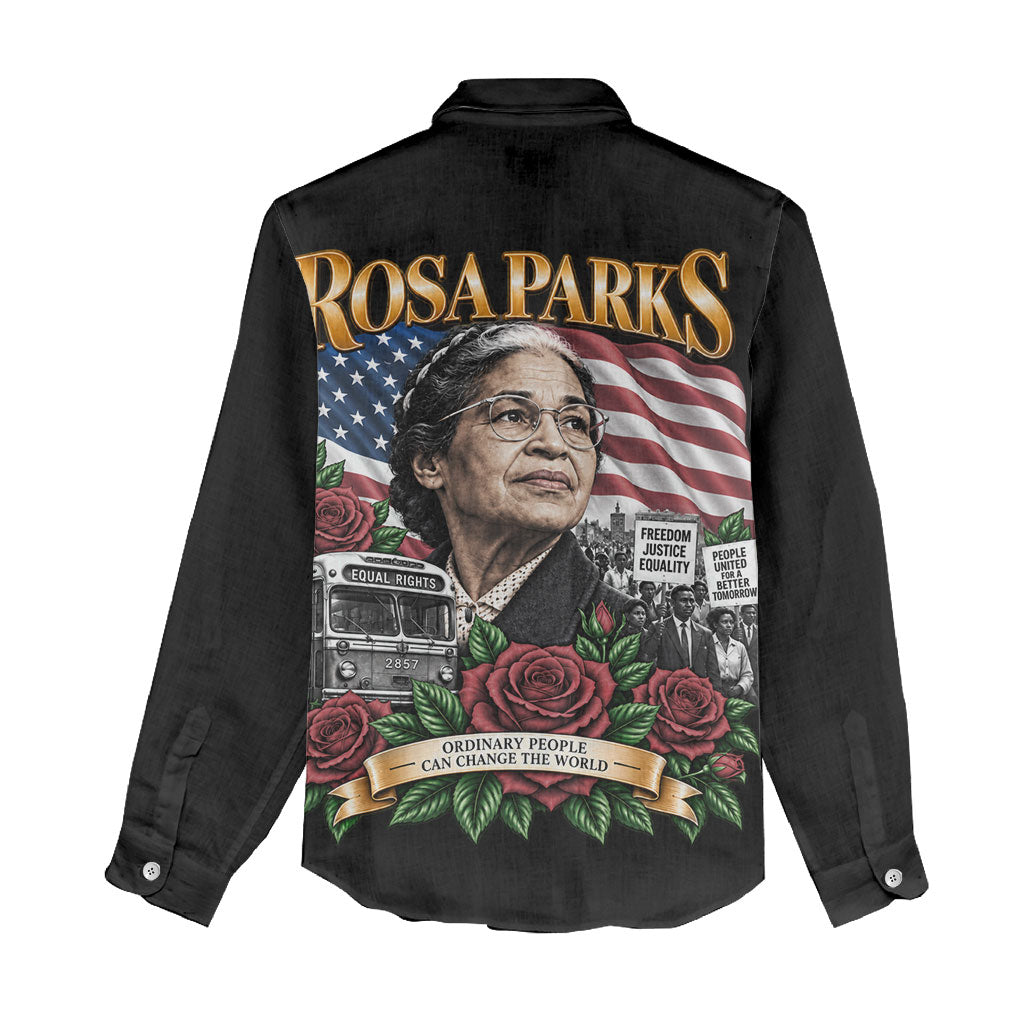 Rosa Parks Civil Rights Activist Women Casual Shirt Vintage Bus American Flag And Red Roses Tribute Art