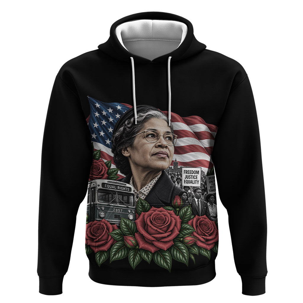 Rosa Parks Civil Rights Activist Zip Hoodie Vintage Bus American Flag And Red Roses Tribute Art
