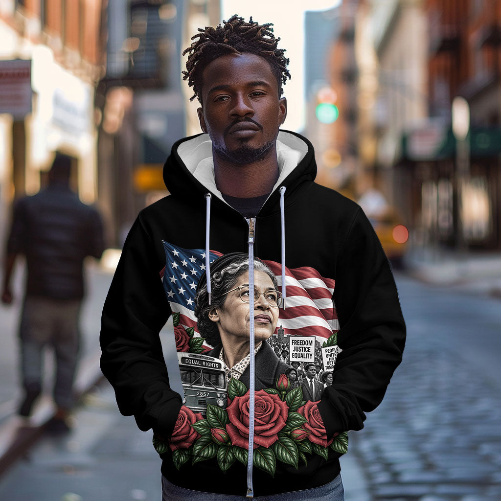 Rosa Parks Civil Rights Activist Zip Hoodie Vintage Bus American Flag And Red Roses Tribute Art