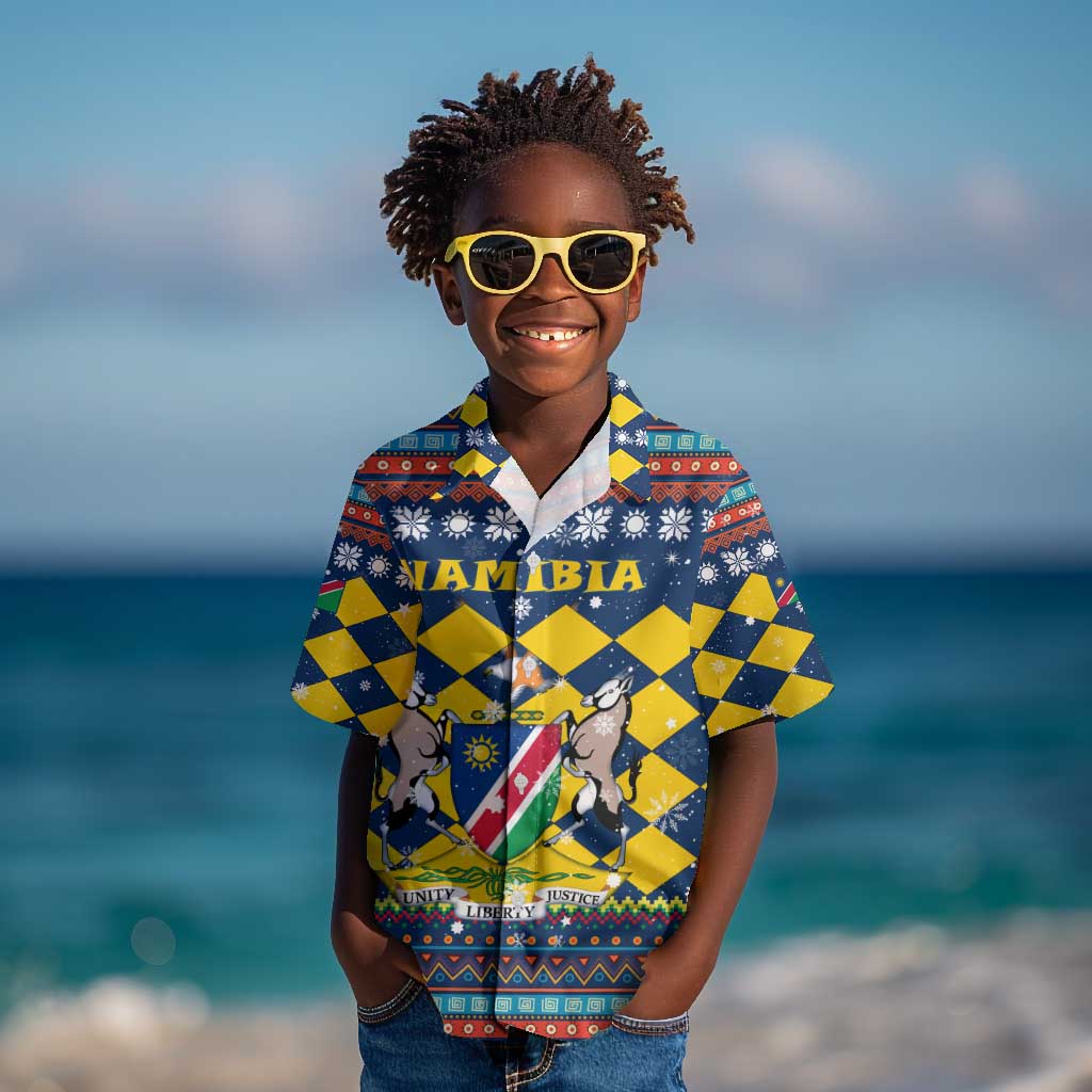 Namibia Christmas Kid Hawaiian Shirt Coat of Arms and Flag Map Motif - African Pride
