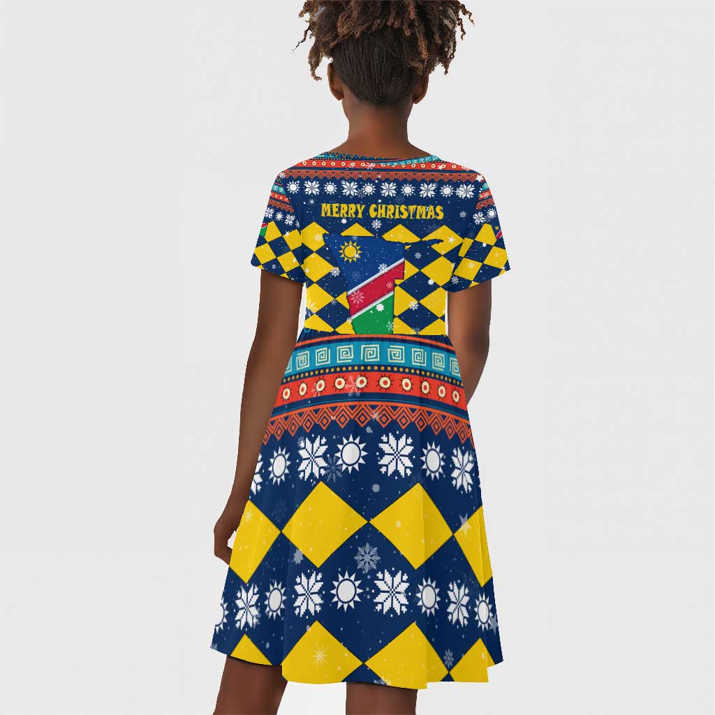 Namibia Christmas Kid Short Sleeve Dress Coat of Arms and Flag Map Motif - African Pride