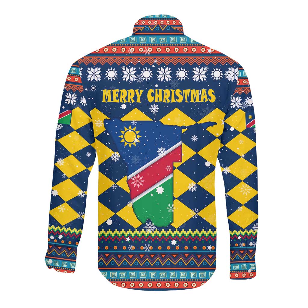 Namibia Christmas Long Sleeve Button Shirt Coat of Arms and Flag Map Motif - African Pride