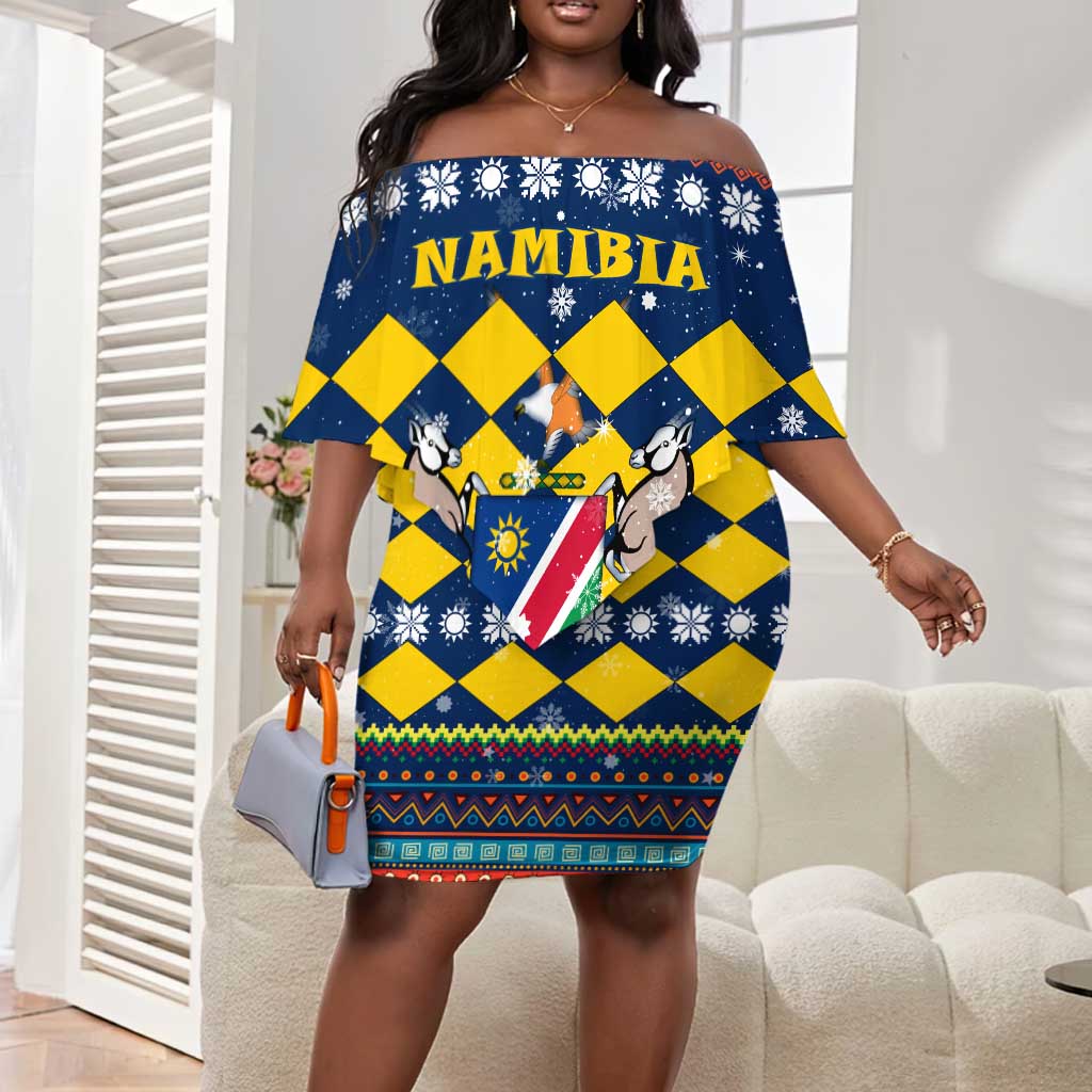 Namibia Christmas Off Shoulder Short Dress Coat of Arms and Flag Map Motif - African Pride