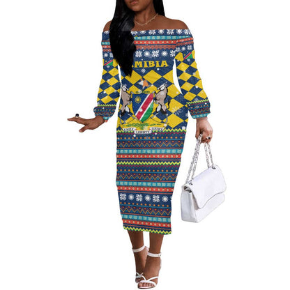 Namibia Christmas Off The Shoulder Long Sleeve Dress Coat of Arms and Flag Map Motif - African Pride