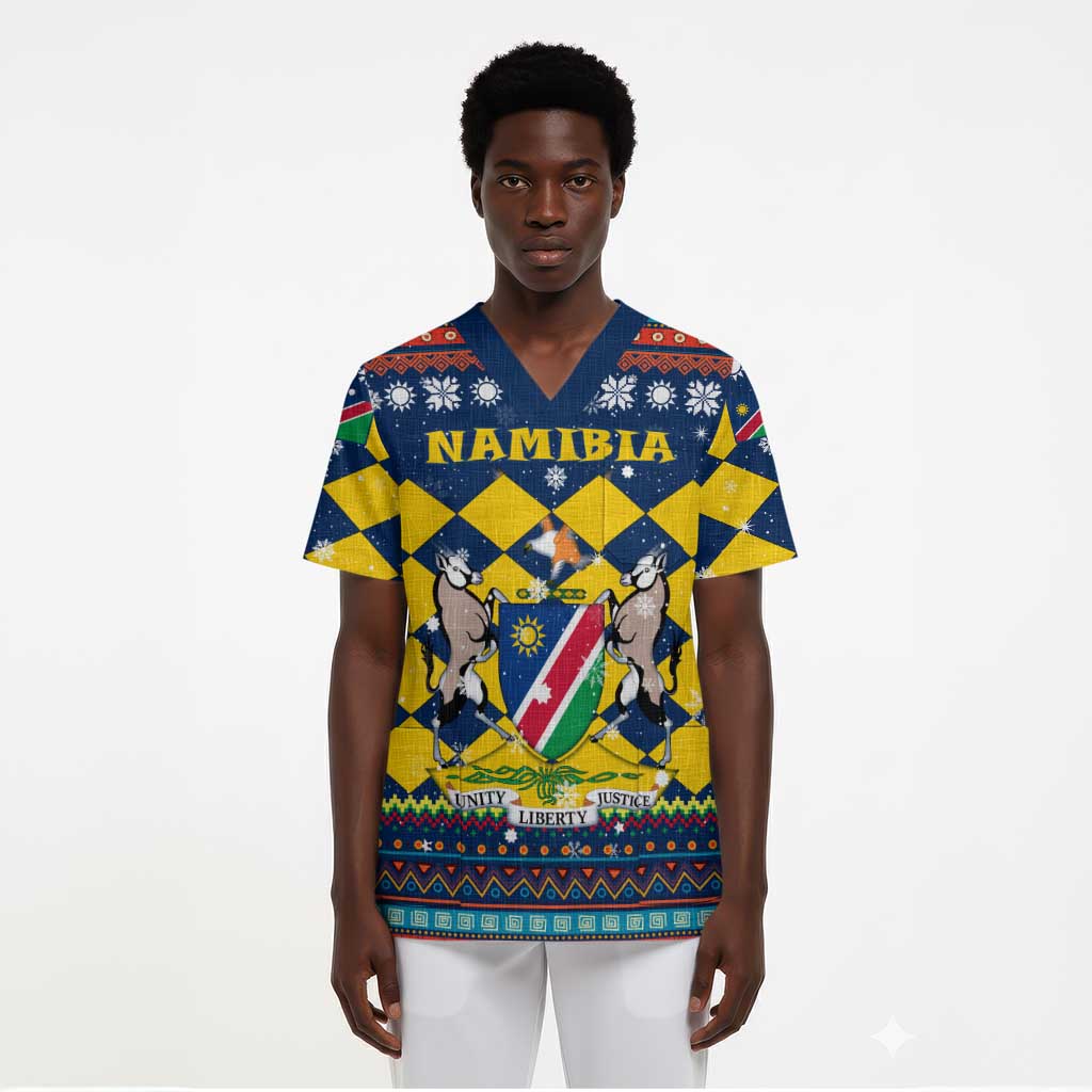 Namibia Christmas Scrub Top Coat of Arms and Flag Map Motif - African Pride