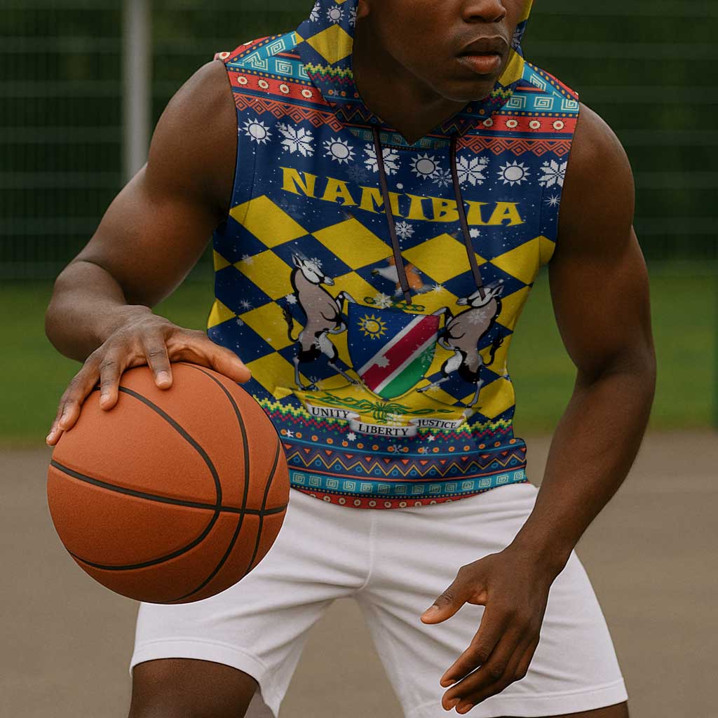 Namibia Christmas Sleeveless Hoodie Coat of Arms and Flag Map Motif - African Pride