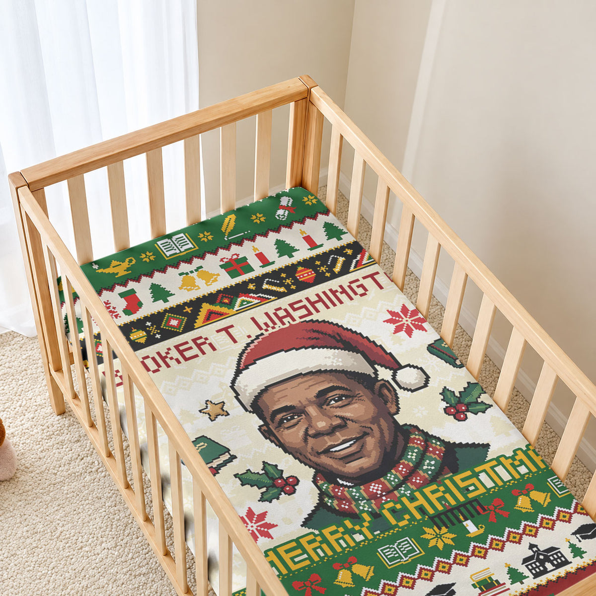 Booker T. Washington Christmas Santa Baby Bed Cover Black History Ugly Pixel Pattern