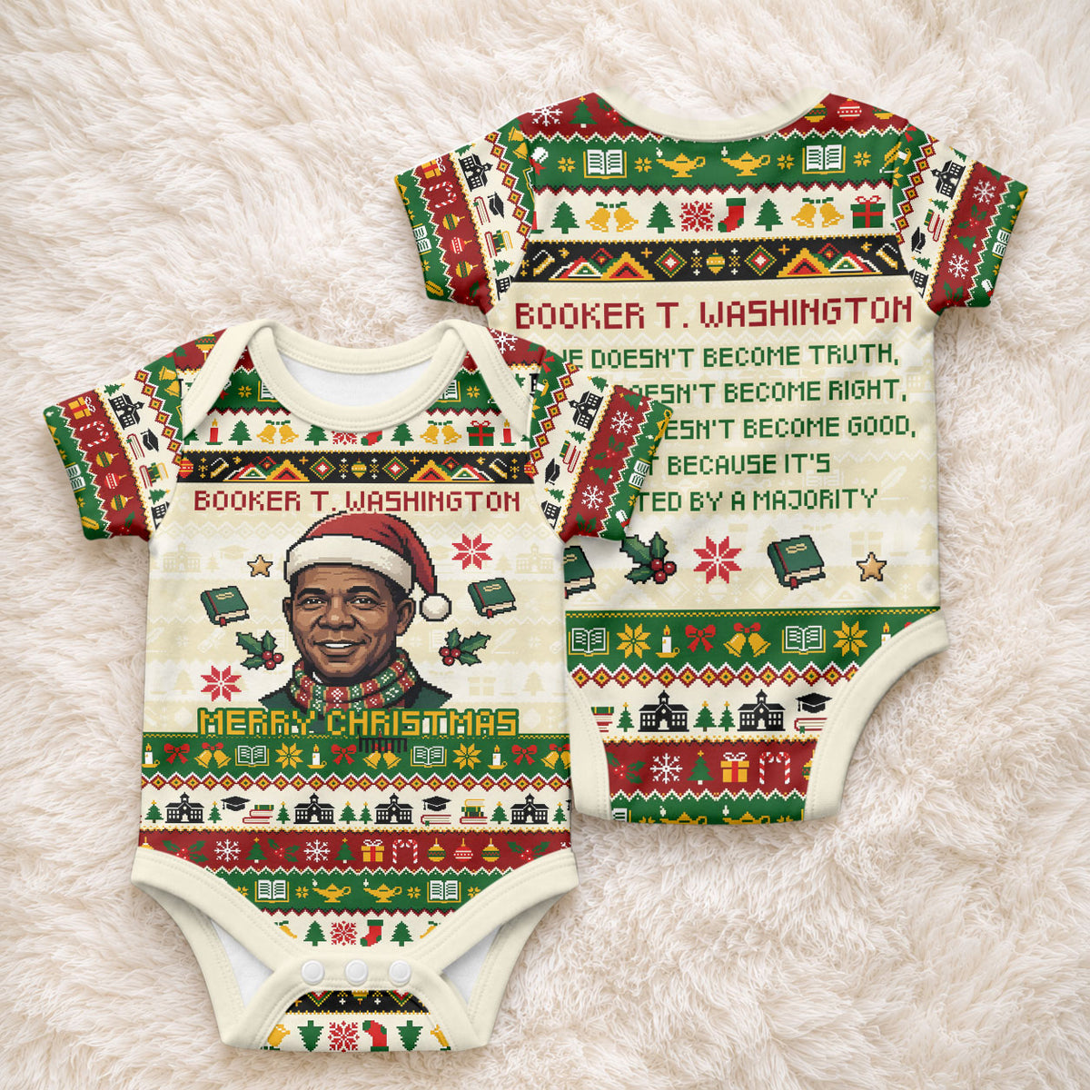 Booker T. Washington Christmas Santa Baby Onesie Black History Ugly Pixel Pattern