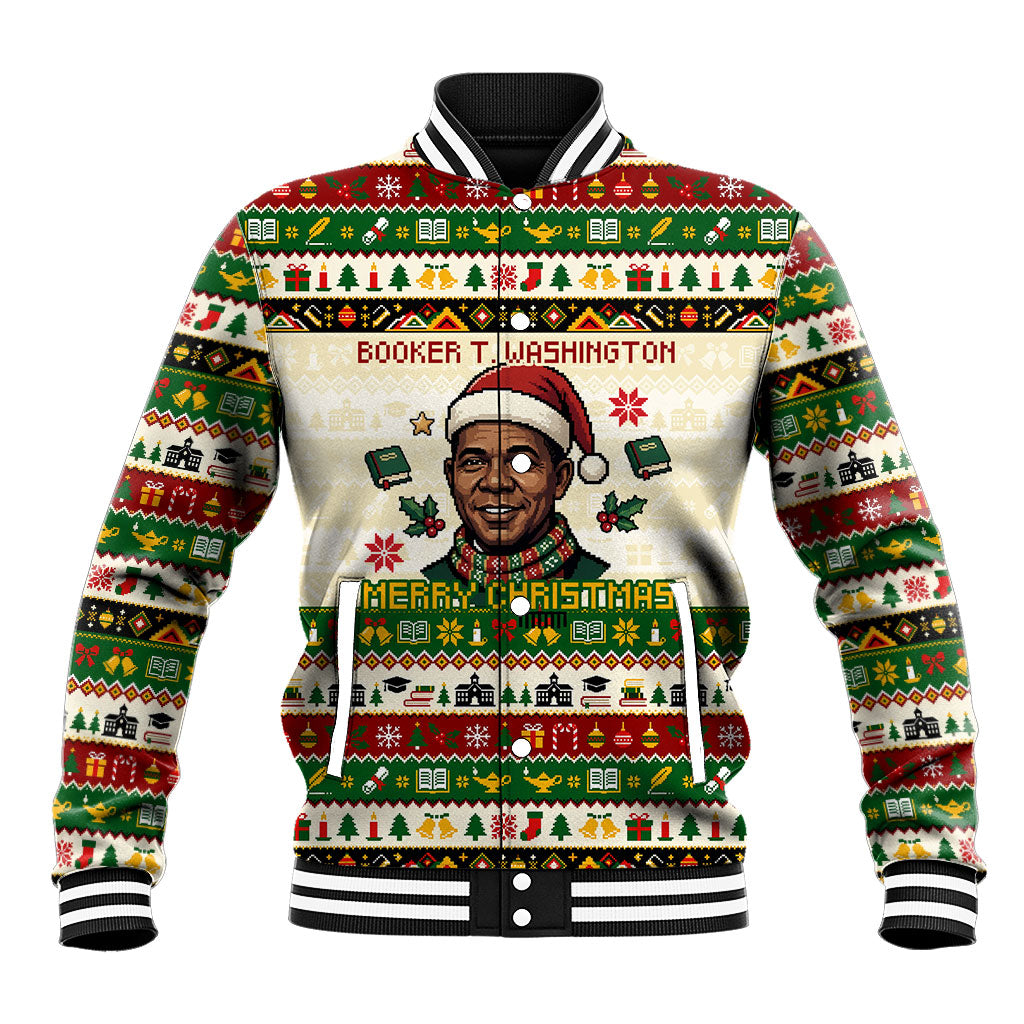 Booker T. Washington Christmas Santa Baseball Jacket Black History Ugly Pixel Pattern