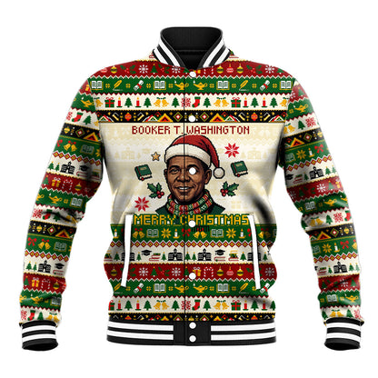 Booker T. Washington Christmas Santa Baseball Jacket Black History Ugly Pixel Pattern