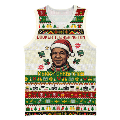 Booker T. Washington Christmas Santa Basketball Jersey Black History Ugly Pixel Pattern