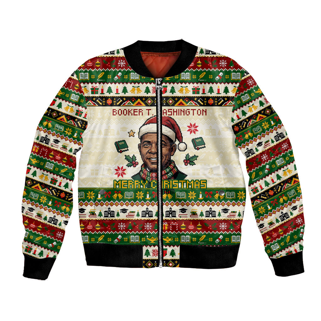 Booker T. Washington Christmas Santa Bomber Jacket Black History Ugly Pixel Pattern