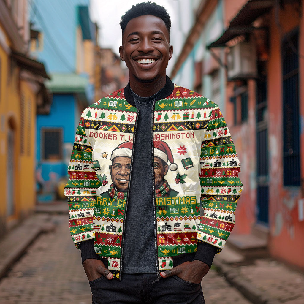 Booker T. Washington Christmas Santa Bomber Jacket Black History Ugly Pixel Pattern