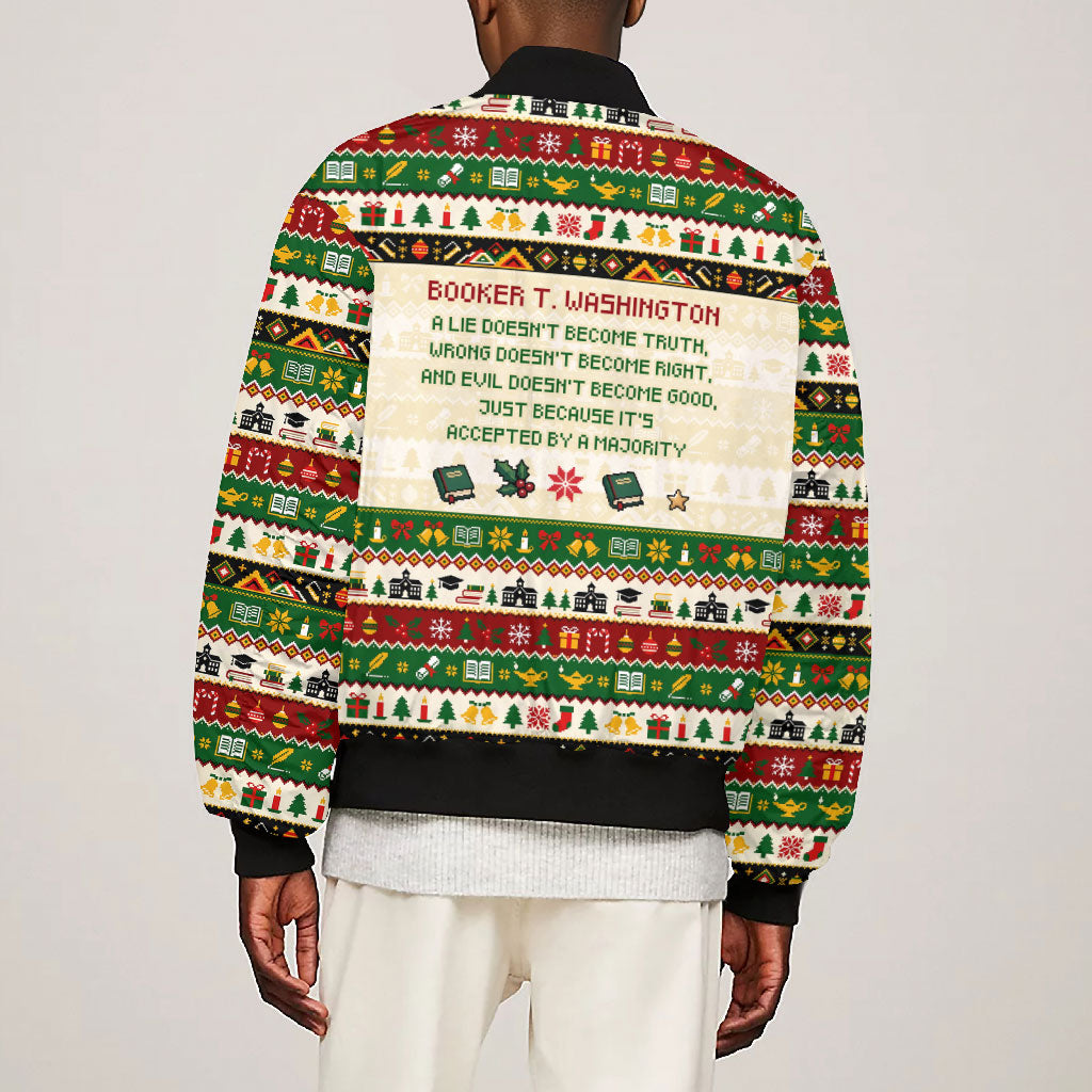 Booker T. Washington Christmas Santa Bomber Jacket Black History Ugly Pixel Pattern