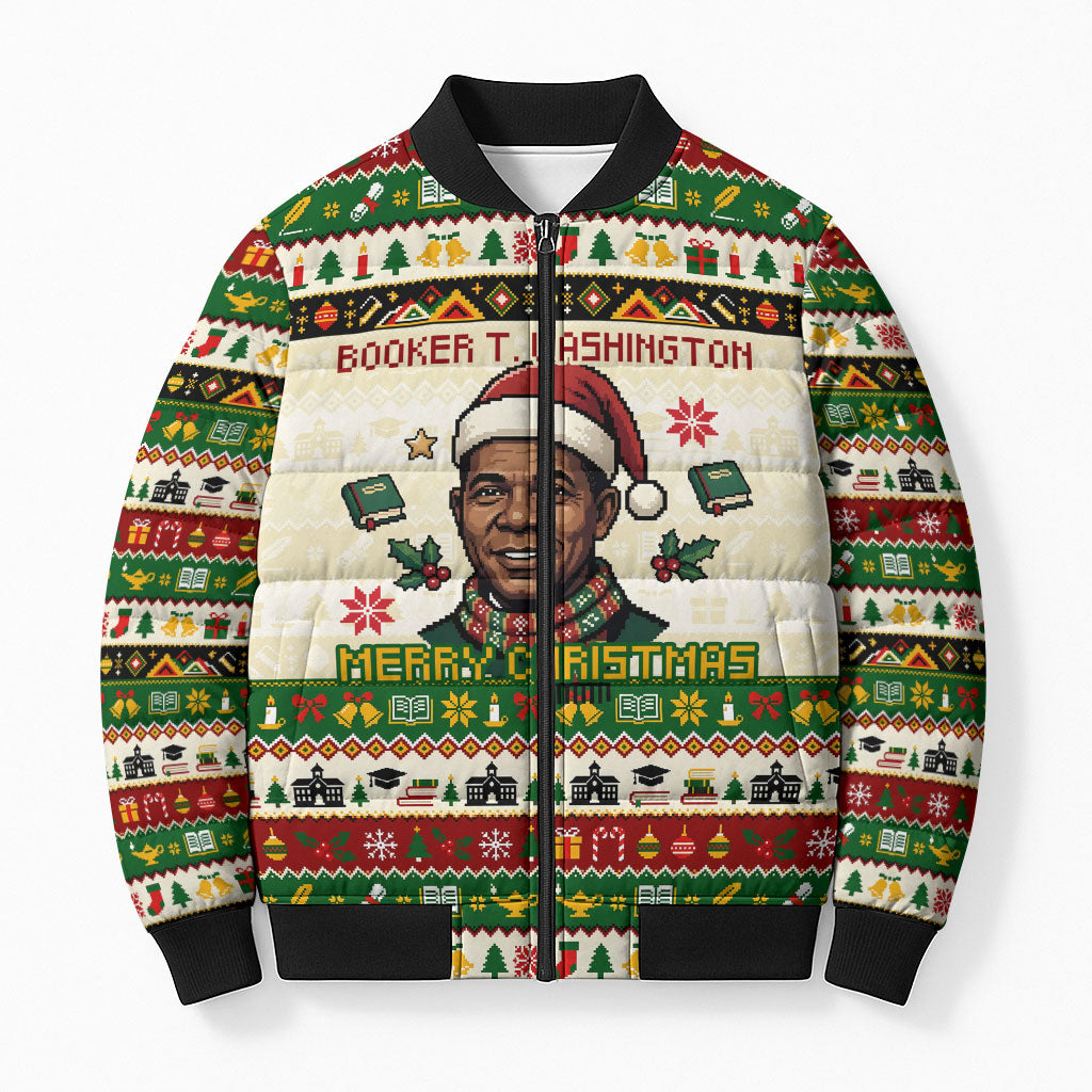 Booker T. Washington Christmas Santa Bomber Puffer Jacket Black History Ugly Pixel Pattern