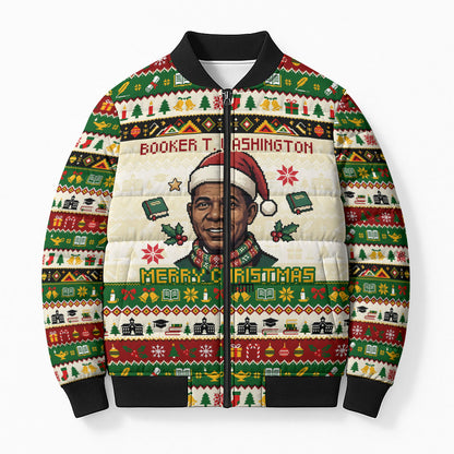 Booker T. Washington Christmas Santa Bomber Puffer Jacket Black History Ugly Pixel Pattern