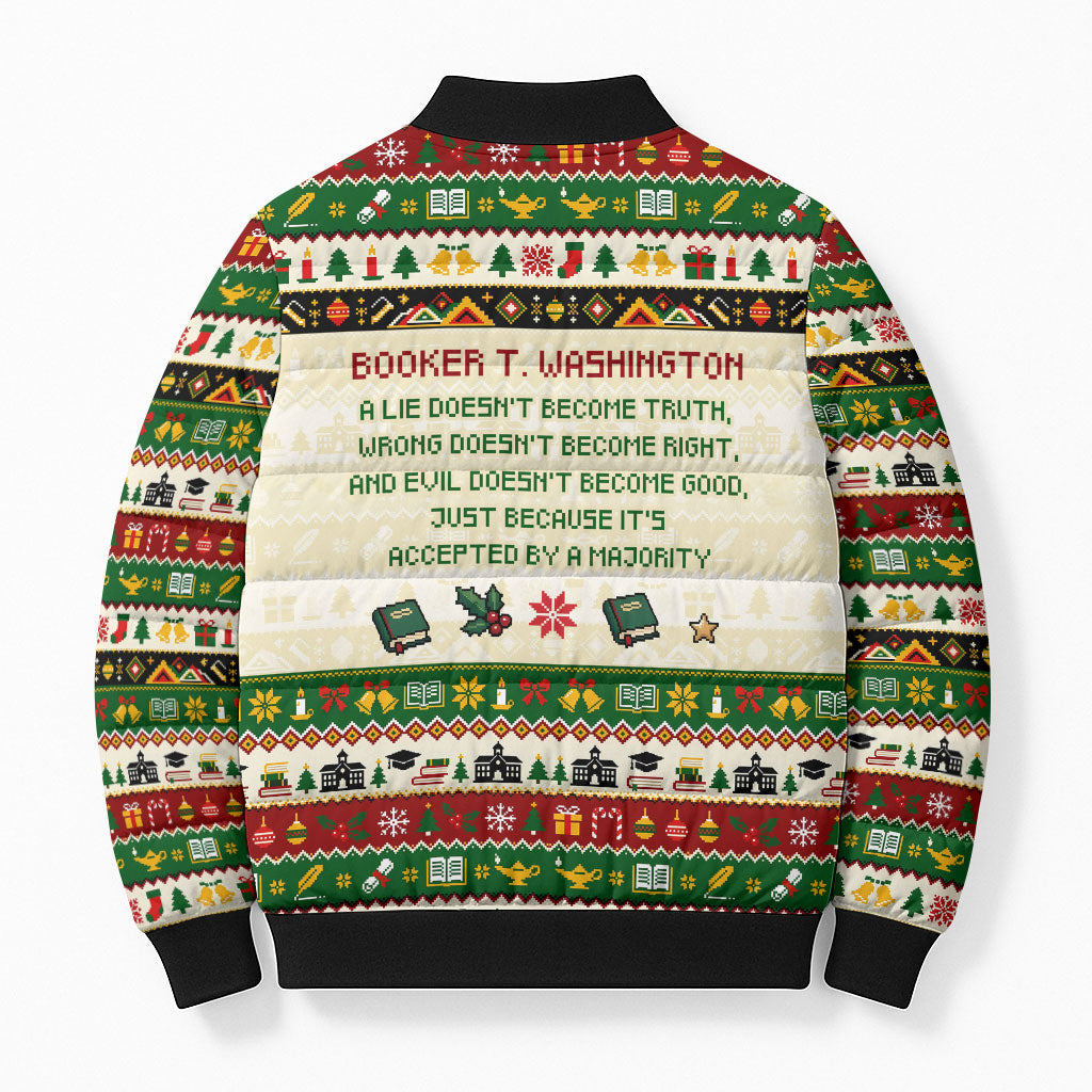 Booker T. Washington Christmas Santa Bomber Puffer Jacket Black History Ugly Pixel Pattern