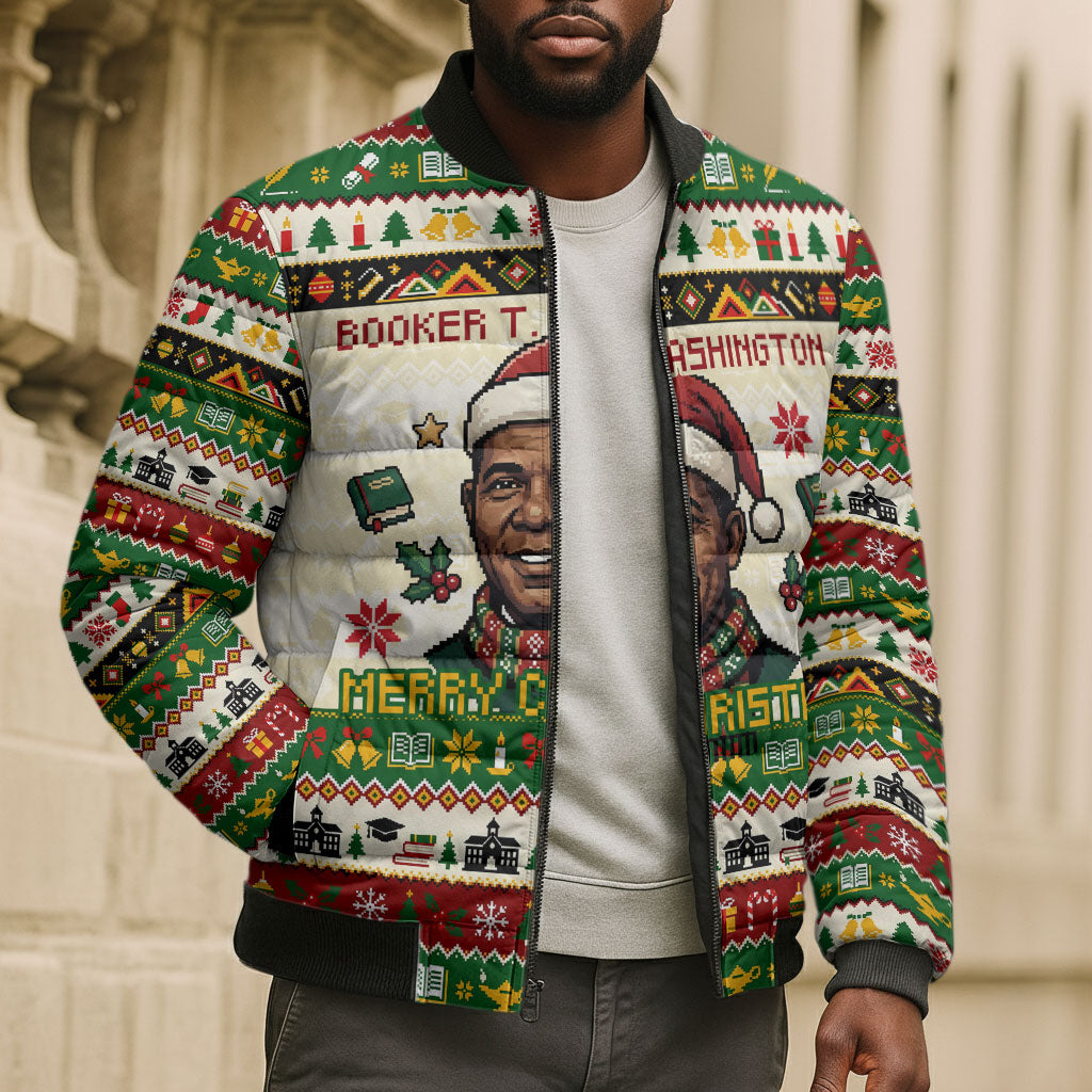 Booker T. Washington Christmas Santa Bomber Puffer Jacket Black History Ugly Pixel Pattern