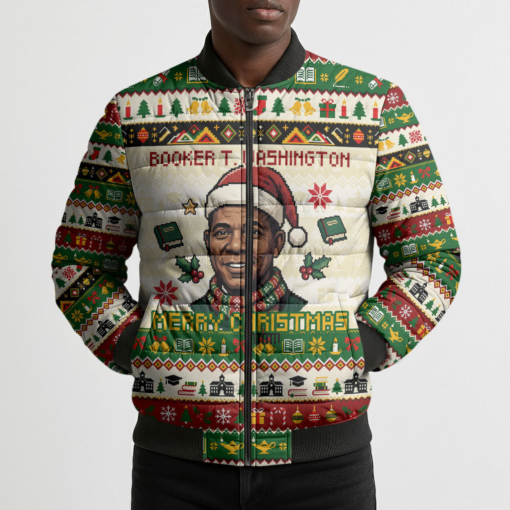 Booker T. Washington Christmas Santa Bomber Puffer Jacket Black History Ugly Pixel Pattern