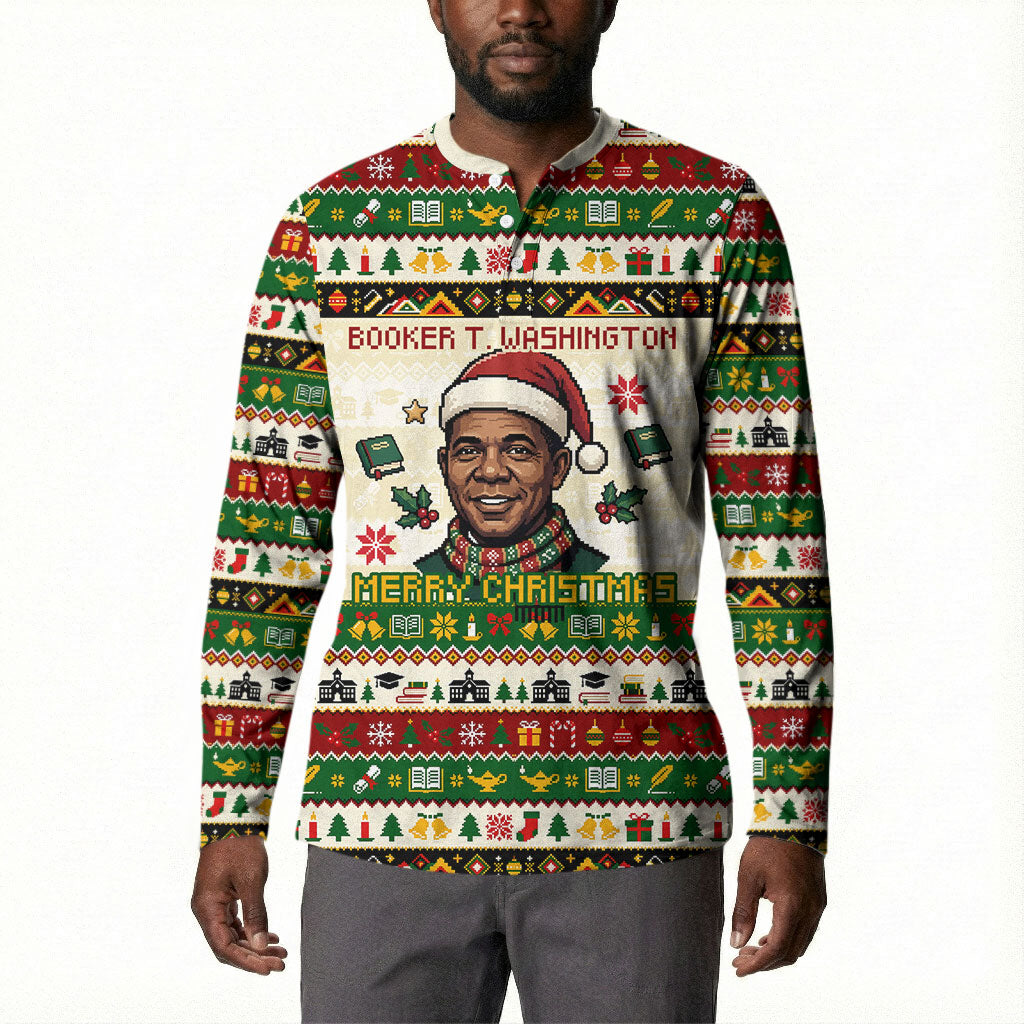 Booker T. Washington Christmas Santa Button Sweatshirt Black History Ugly Pixel Pattern