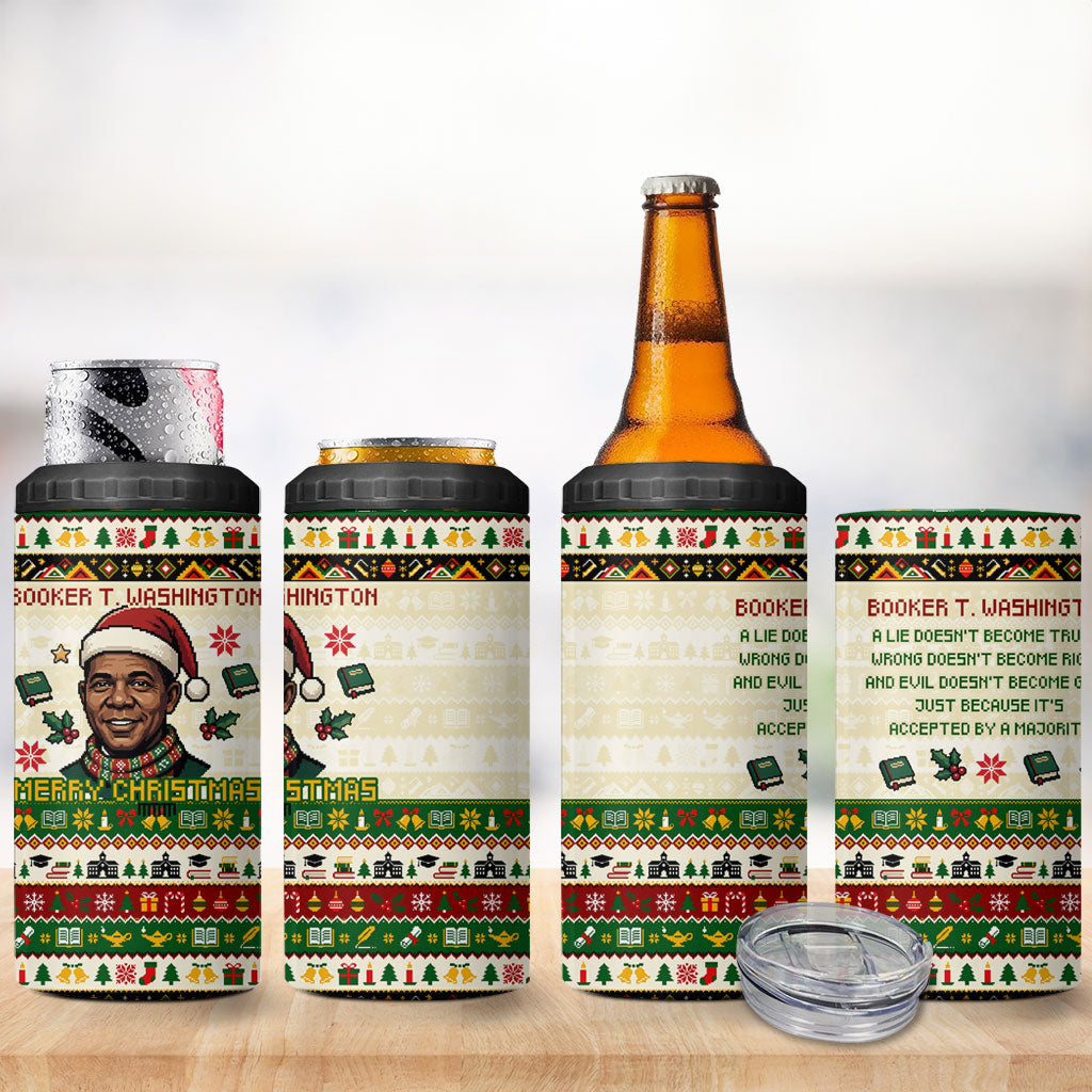 Booker T. Washington Christmas Santa 4 in 1 Can Cooler Tumbler Black History Ugly Pixel Pattern
