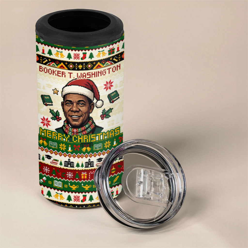 Booker T. Washington Christmas Santa 4 in 1 Can Cooler Tumbler Black History Ugly Pixel Pattern