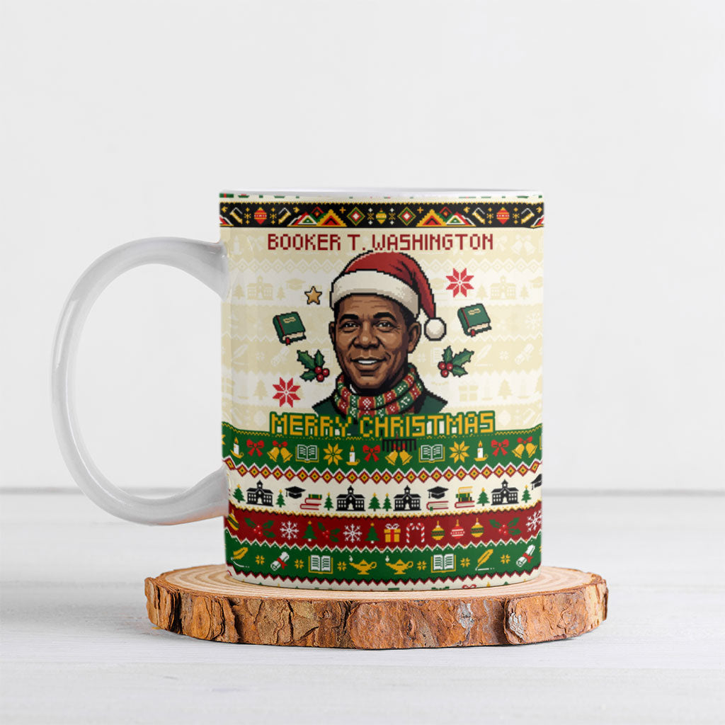 Booker T. Washington Christmas Santa Ceramic Mug Black History Ugly Pixel Pattern