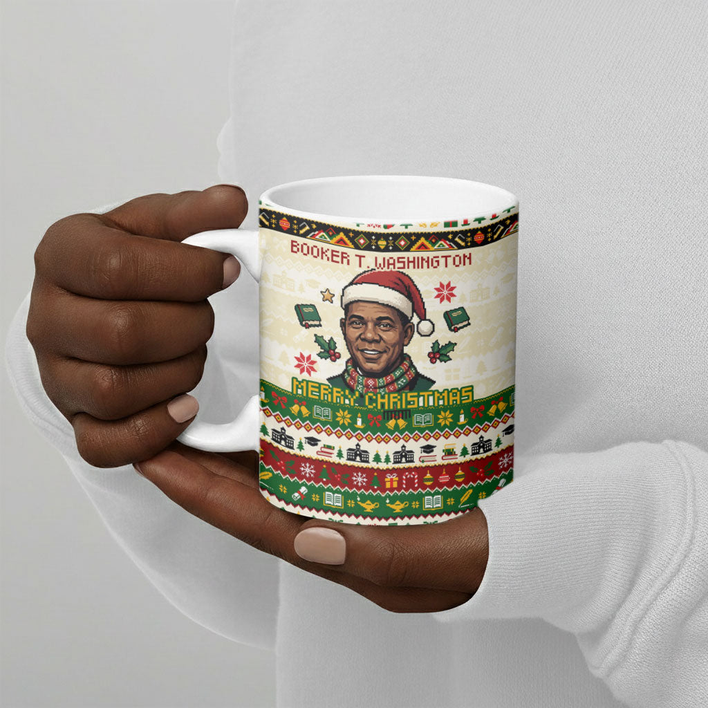 Booker T. Washington Christmas Santa Ceramic Mug Black History Ugly Pixel Pattern