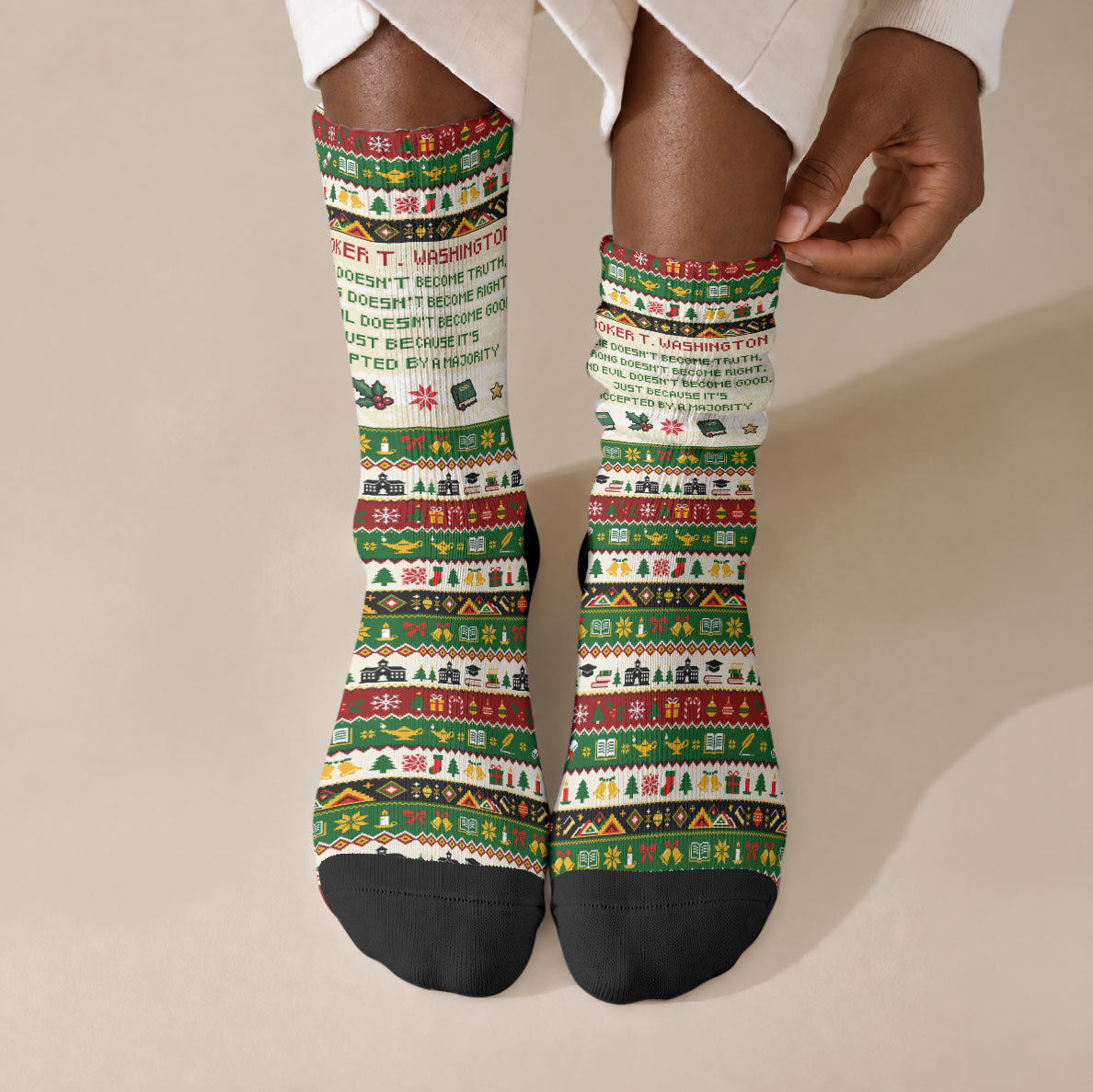 Booker T. Washington Christmas Santa Crew Socks Black History Ugly Pixel Pattern