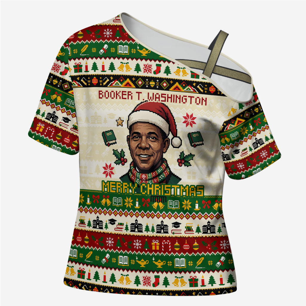 Booker T. Washington Christmas Santa Cross Shoulder Shirt Black History Ugly Pixel Pattern
