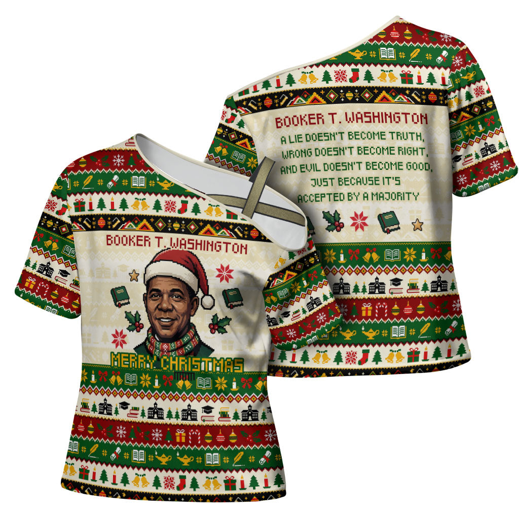 Booker T. Washington Christmas Santa Cross Shoulder Shirt Black History Ugly Pixel Pattern