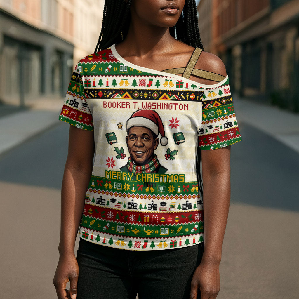 Booker T. Washington Christmas Santa Cross Shoulder Shirt Black History Ugly Pixel Pattern
