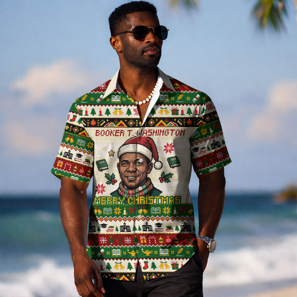 Booker T. Washington Christmas Santa Hawaiian Shirt Black History Ugly Pixel Pattern